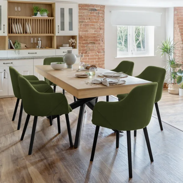 Amelia Whitewash Extendable Dining Table Set - 6 Seater - Freya Fern Green Carver Chairs - Black Legs