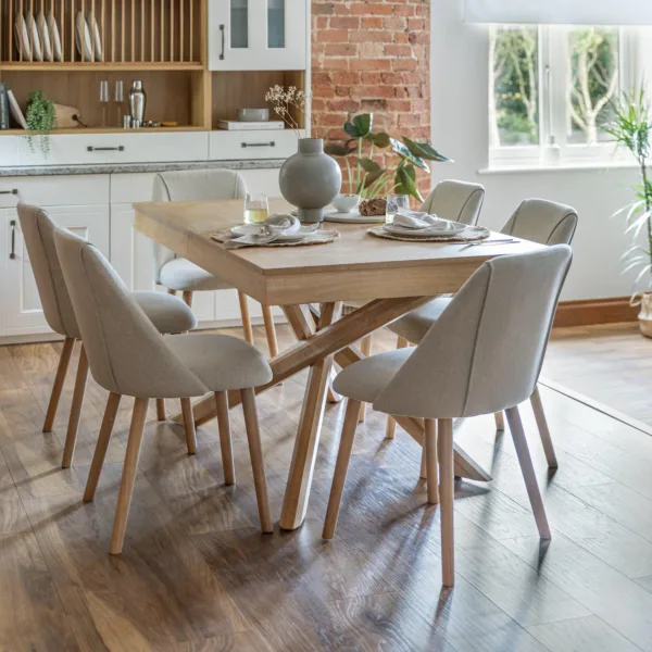 Amelia Whitewash Extendable Dining Table Set - 6 Seater - Freya Sand Dining Chairs - Oak Legs
