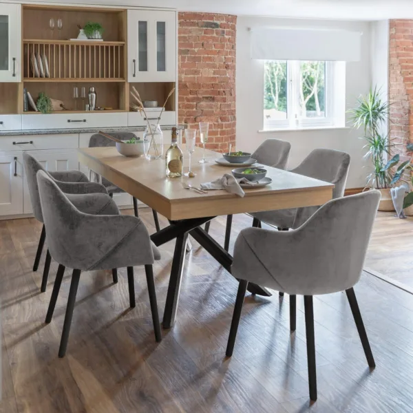 Amelia Whitewash Extendable Dining Table Set - 6 Seater - Freya Grey Carver Chairs - Black Legs