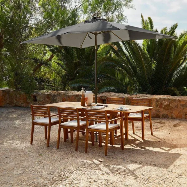 Aspen 6 Seater Wooden Extendable Garden Dining Set with Cushions - Grey LED Premium Parasol
