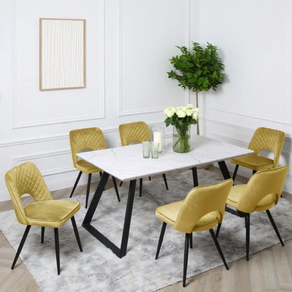 Atlas Marble Dining Table Set - 6 Seater - Yellow Dining Chairs - Black Legs