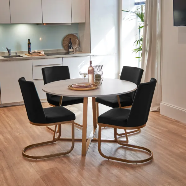 Clara Marble Dining Table Set - 4 Seater - Lola Black Dining Chairs - Gold Legs