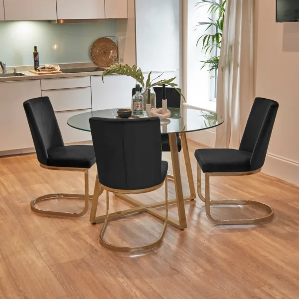 Clara Glass Dining Table Set - 4 Seater - Lola Black Dining Chairs - Gold Legs