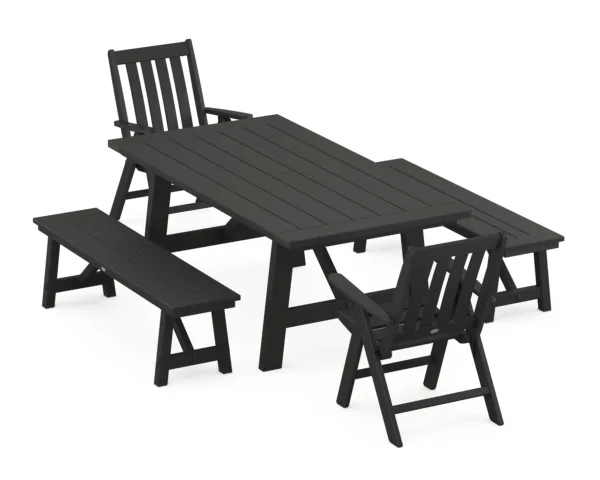 POLYWOOD Vineyard Folding Chair 5-Piece Rustic Farmhouse Dining Set With Benches