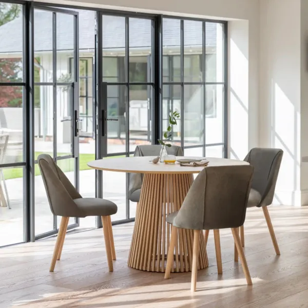 Willow Whitewash Oak Dining Table Set - 4 Seater - Freya Mist Grey Dining Chairs - Whitewash Legs
