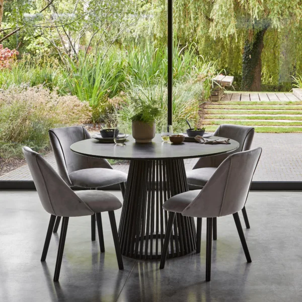 Willow Black Dining Table Set - 4 Seater - Freya Grey Dining Chairs - Black Oak Legs