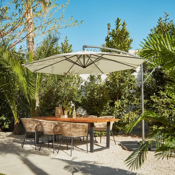 Hali 6 Seater Wooden Outdoor Dining Set with Hali Natural Chairs & Cream Lean Over Parasol- 175cm