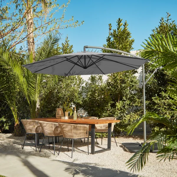 Hali 6 Seater Wooden Outdoor Dining Set with Hali Natural Chairs & Grey Lean Over Parasol - 235cm