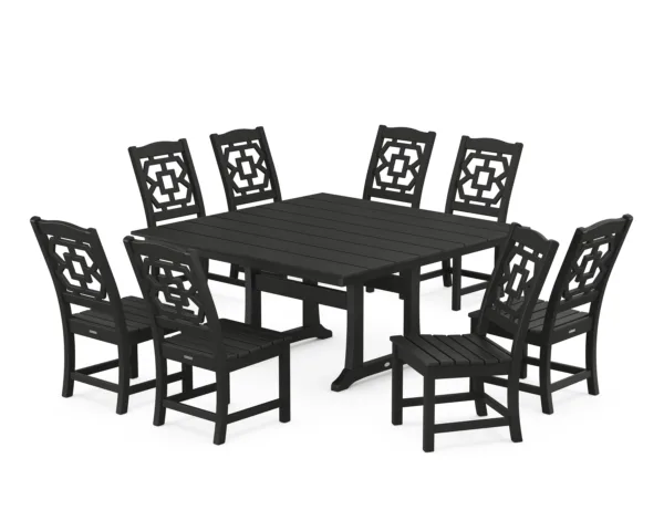 Martha Stewart by POLYWOOD Chinoiserie 9-Piece Square Farmhouse Side Chair Dining Set with Trestle Legs