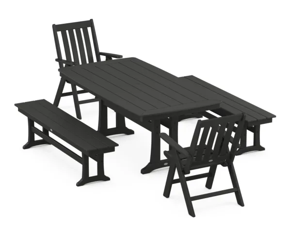 POLYWOOD Vineyard Folding Chair 5-Piece Dining Set with Trestle Legs and Benches