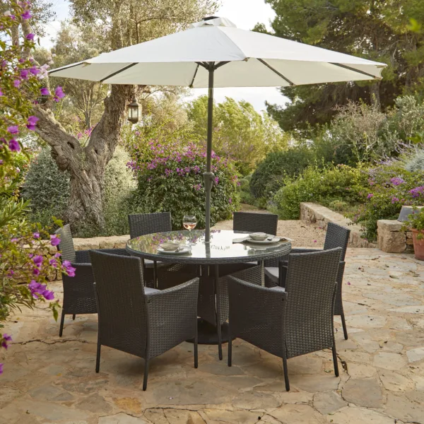 Kemble 6 Seater Rattan Round Garden Dining Set with Cream LED Premium Parasol - Black Weave