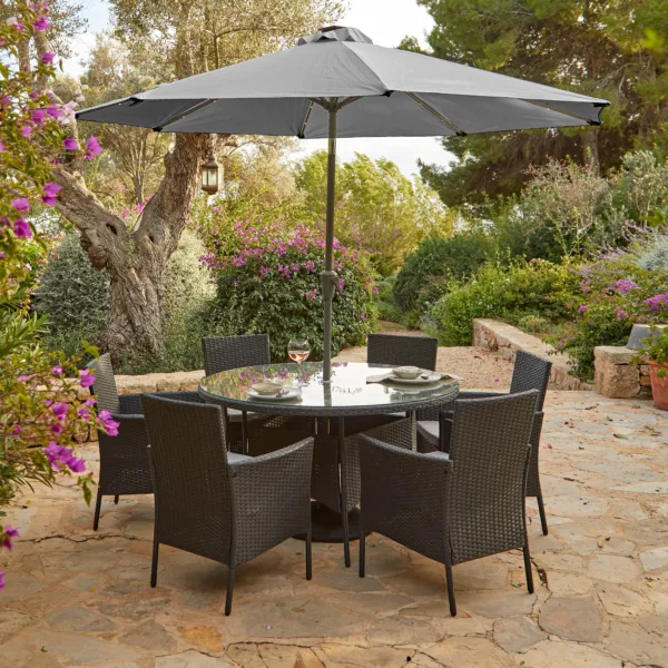 Kemble 6 Seater Rattan Round Garden Dining Set with Grey Parasol - Black Weave