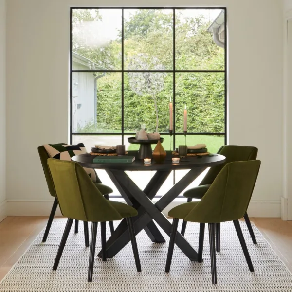 Levi Black Round Dining Table Set - 4 Seater - Freya Fern Green Dining Chairs with Black Legs