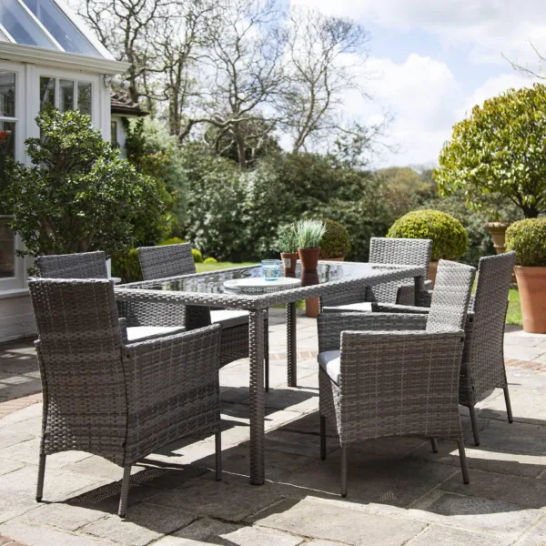 Marston 6 Seater Rattan Garden Dining Set - Grey - Glass Top