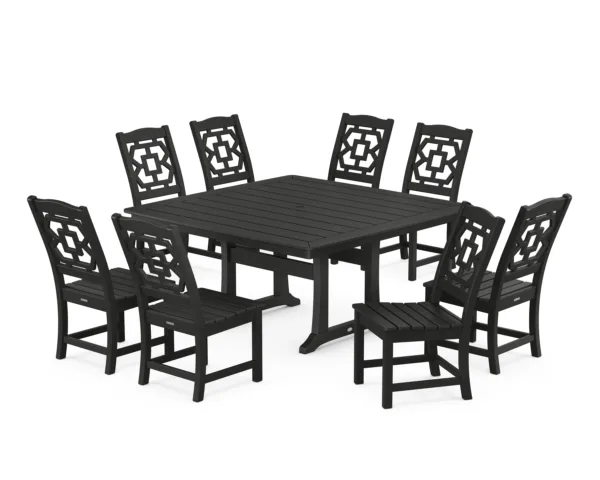 Martha Stewart by POLYWOOD Chinoiserie 9-Piece Square Side Chair Dining Set with Trestle Legs