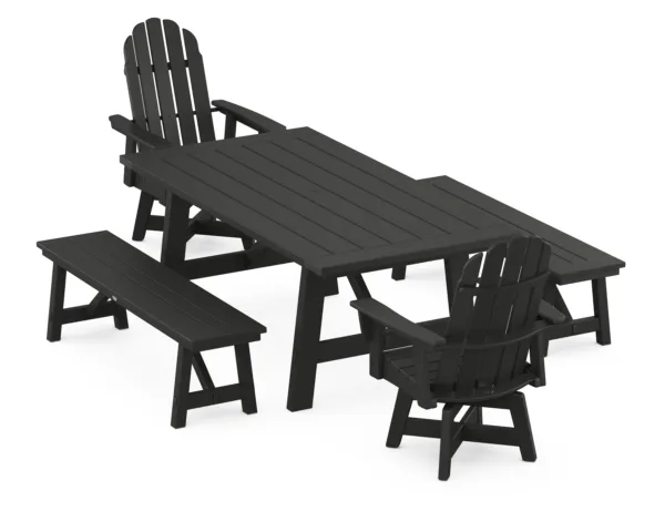 POLYWOOD VineyardCurveback Adirondack Swivel Chair 5-Piece Rustic Farmhouse Dining Set With Benches
