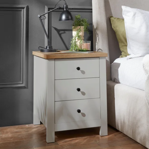 Outlet - Bampton 3 Drawer Bedside Table - Stone Grey