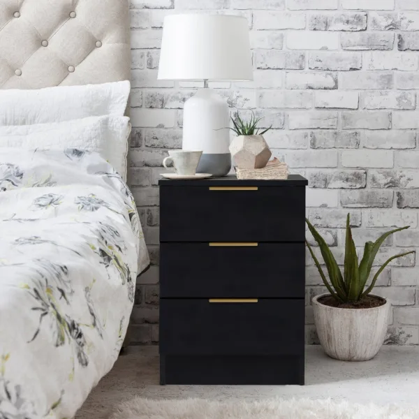 Outlet - Essie 3 Drawer Bedside Table - Pitch Black