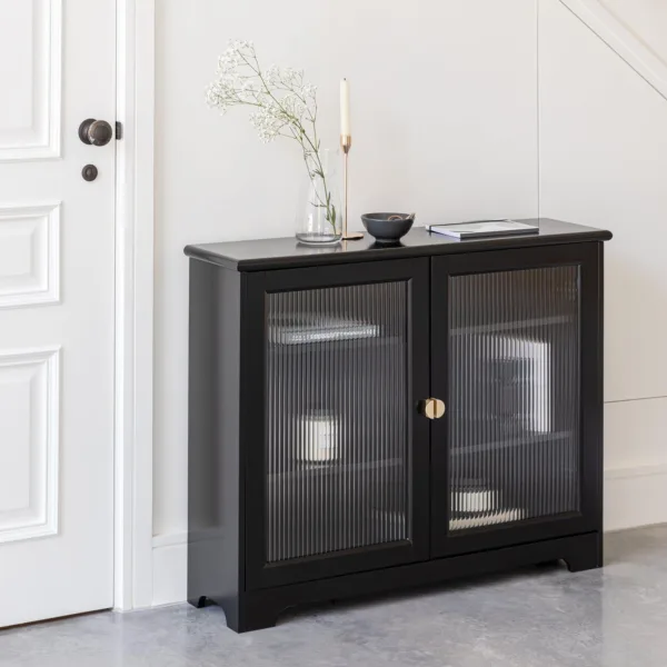 Outlet - Lua Narrow 2 Door Sideboard In Noir Black With Fluted Glass