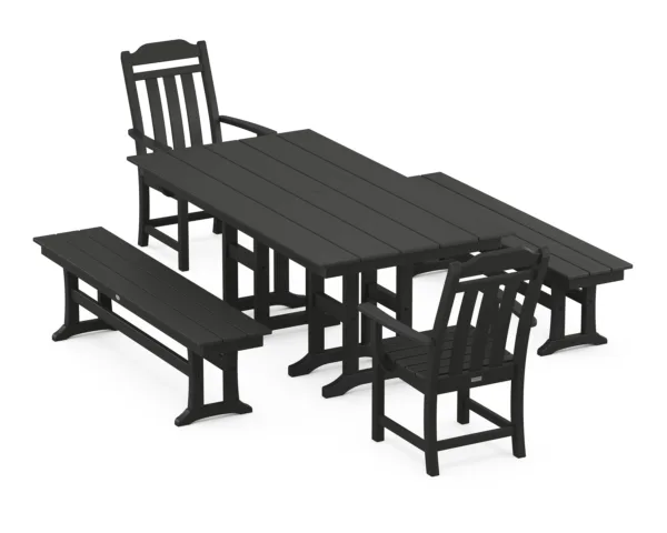 Polywood Country Living 5-Piece Farmhouse Dining Set with Benches