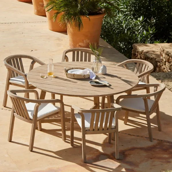 Shiro 6 Seater Wooden Round Garden Dining Table with 6 Shiro Chairs - 160cm