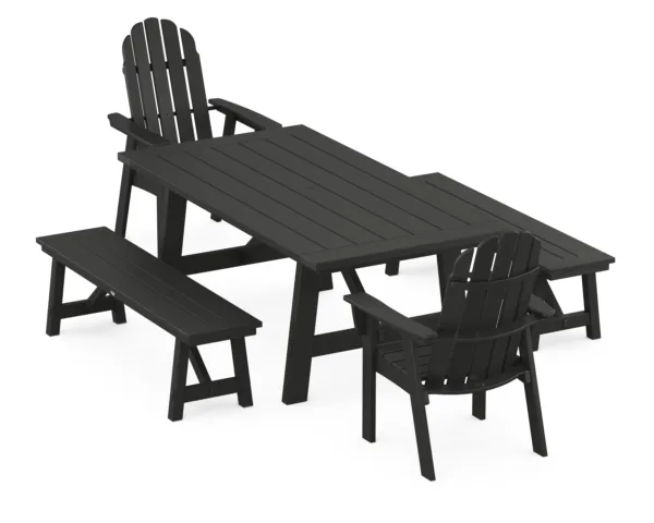 POLYWOOD Vineyard Curveback Adirondack 5-Piece Rustic Farmhouse Dining Set With Benches
