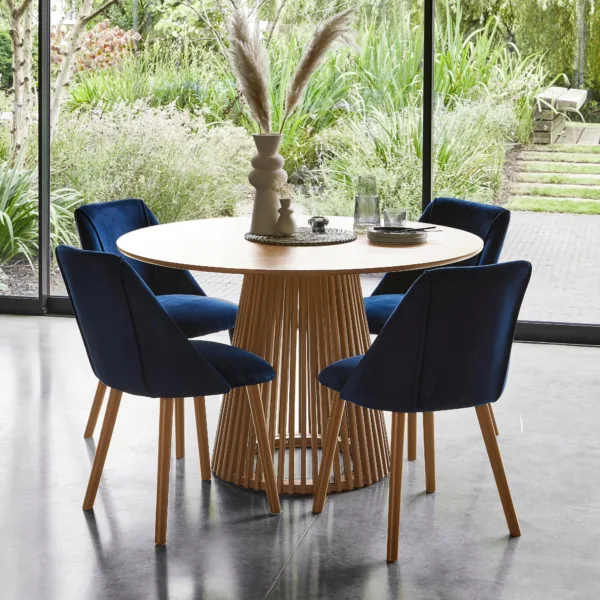 Willow Pale Oak  Dining Table Set - 4 Seater - Freya Blue Dining Chairs - Whitewash Legs