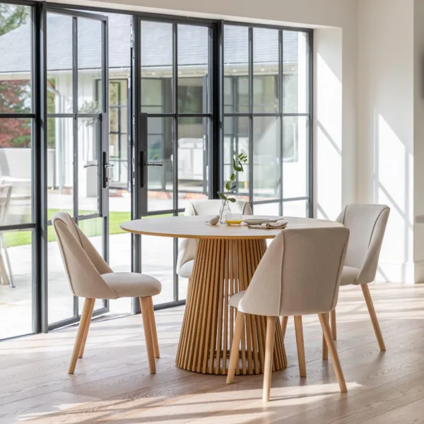 Willow Pale Oak  Dining Table Set - 4 Seater - Freya Sand Dining Chairs - Whitewash Legs