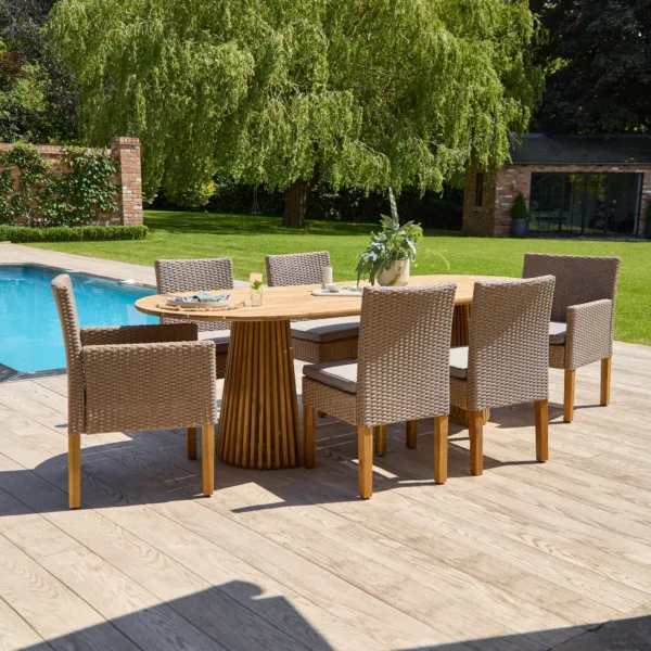 Willow 6 Seater Natural Wood Oval Garden Dining Set - 4 Rattan Dining Chairs & 2 Armchairs