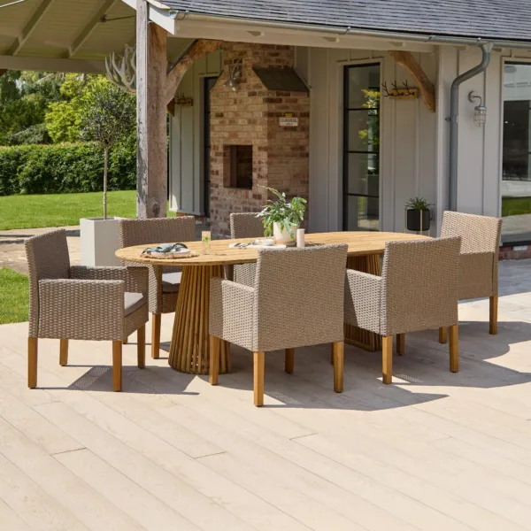 Willow 6 Seater Natural Wood Oval Garden Dining Set - 6 Rattan Armchairs