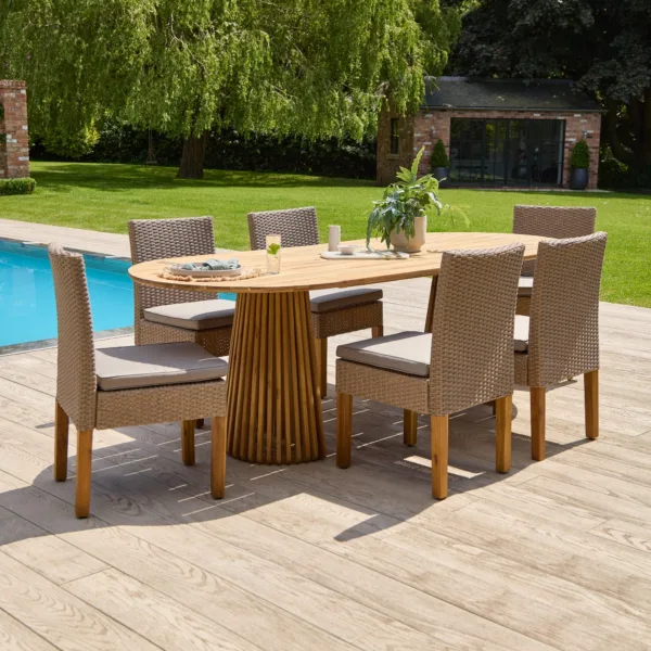 Willow 6 Seater Natural Wood Oval Garden Dining Set - 6 Rattan Dining Chairs